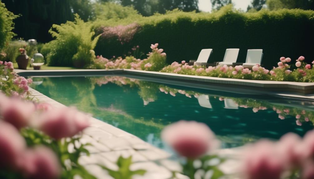 Pool surrounded by flowers and foliage. Year-round pool care.