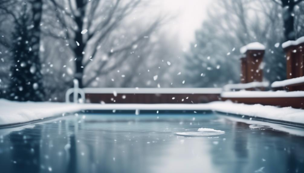 Pool during the winter with snow falling. Comprehensive winterization.