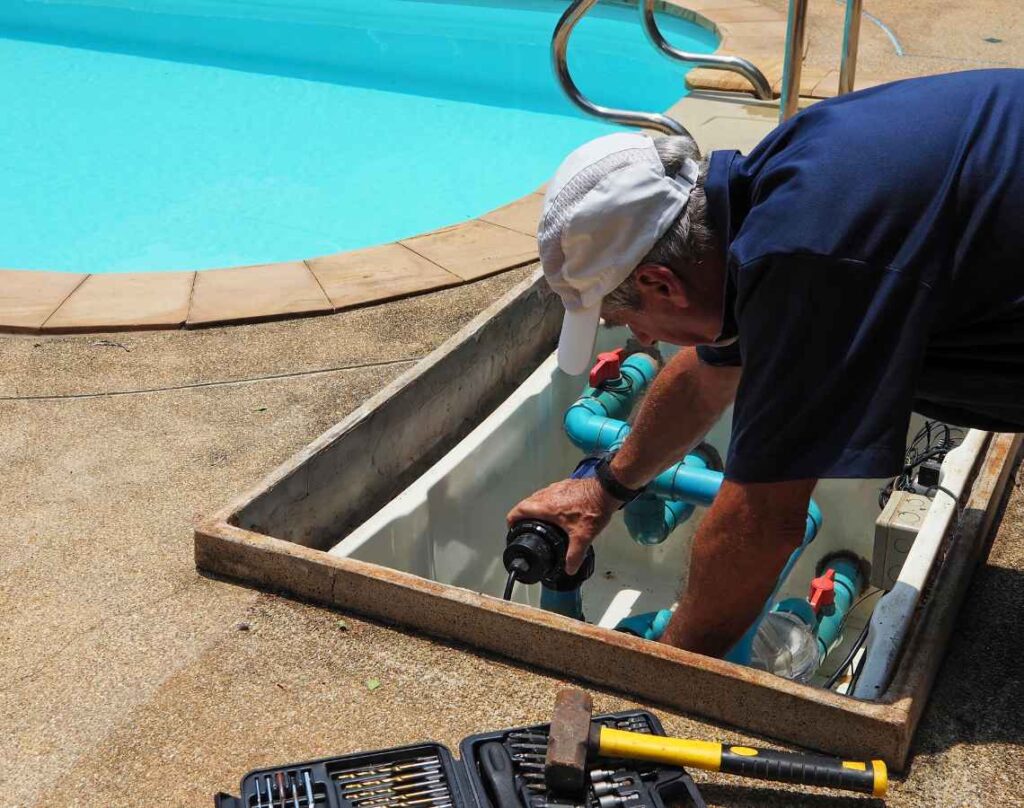 Person fixing pool. Choosing a pool service.