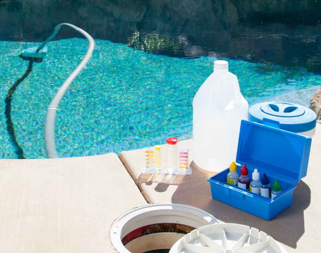 Pool with water chemistry equipment. Fall pool care.